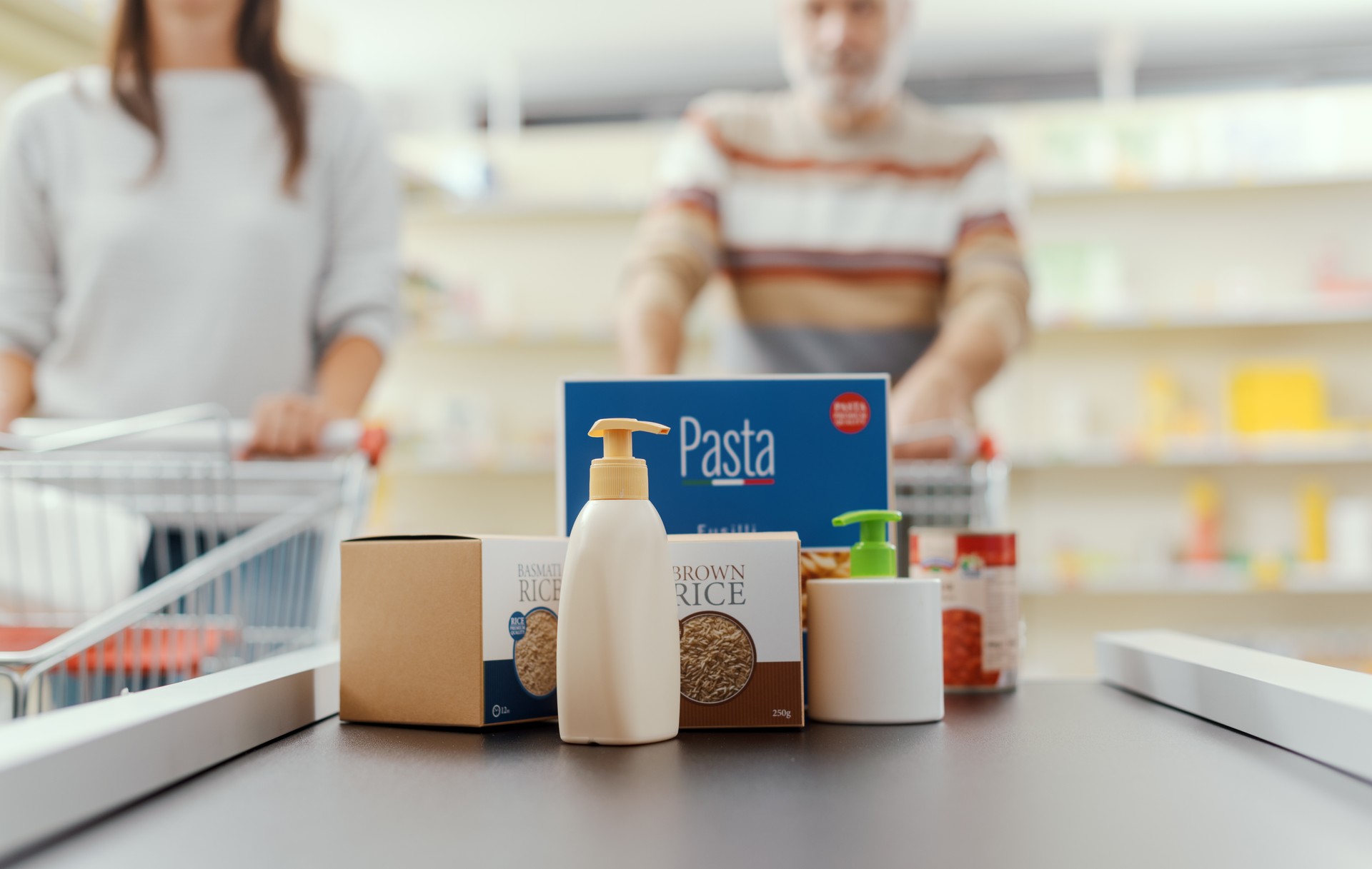 Groceries on the checkout counter conveyor belt